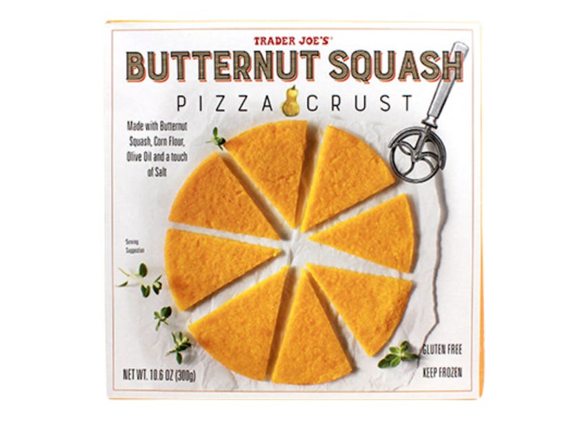 A picture of bright orange butternut squash pizza crust. 
