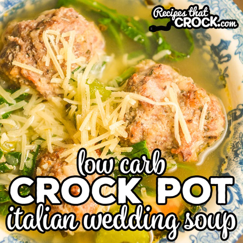 close up of slow cooker italian wedding soup 