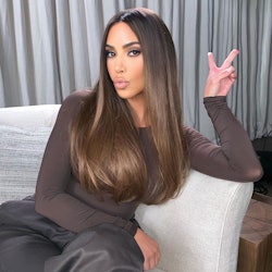 Kim Kardashian posing for a photo with her shiny brown hair as the highlight