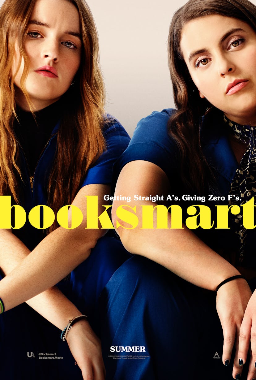 Booksmart movie poster.  Two girls in matching blue jumpsuits sitting side by side