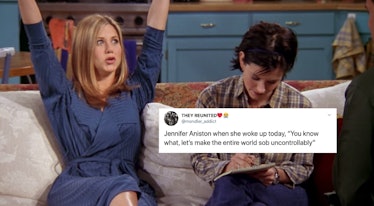 Tweet about Jennifer Aniston joining Instagram on top of a picture of Aniston playing Rachel on 'Fri...