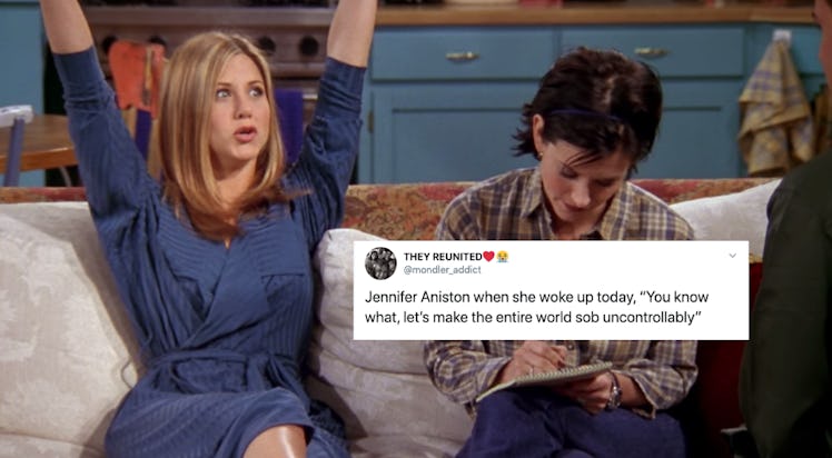 Tweet about Jennifer Aniston joining Instagram on top of a picture of Aniston playing Rachel on 'Fri...