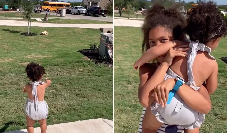15-month-old Aliyah runs to meet her sister from the bus after school.