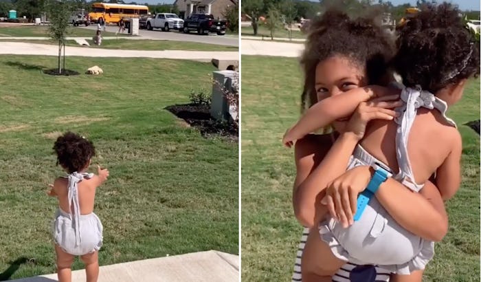 15-month-old Aliyah runs to meet her sister from the bus after school.