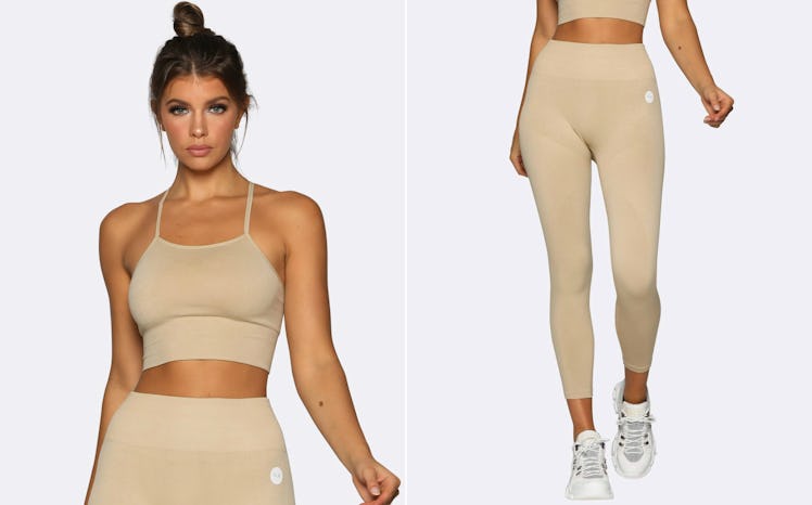 This tan bra and pant workout set is a great comfy plane outfit for fall. 