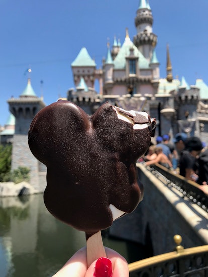 Mickey Mouse ice cream held up in front of the castle is a perfect picture for Mickey-shaped food ca...
