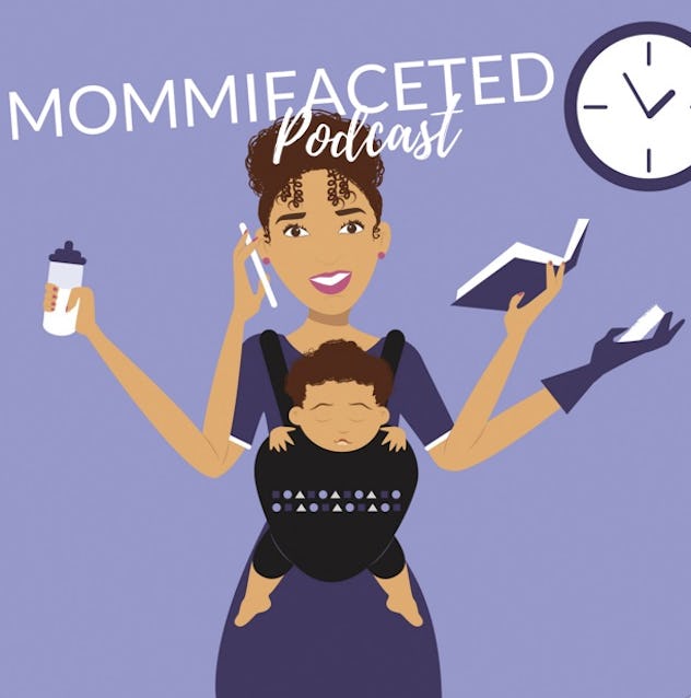 Cartoon image of a woman with four hands, wearing a baby in an infant carrier. 