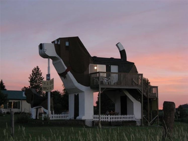 The sun sets behind a beagle-shaped building — the Dog Bark Park Inn B&B — that's listed on Airbnb.