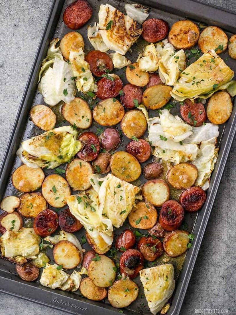 sheet pan recipes with pork, One Pan Roasted Kielbasa And Cabbage Dinner 