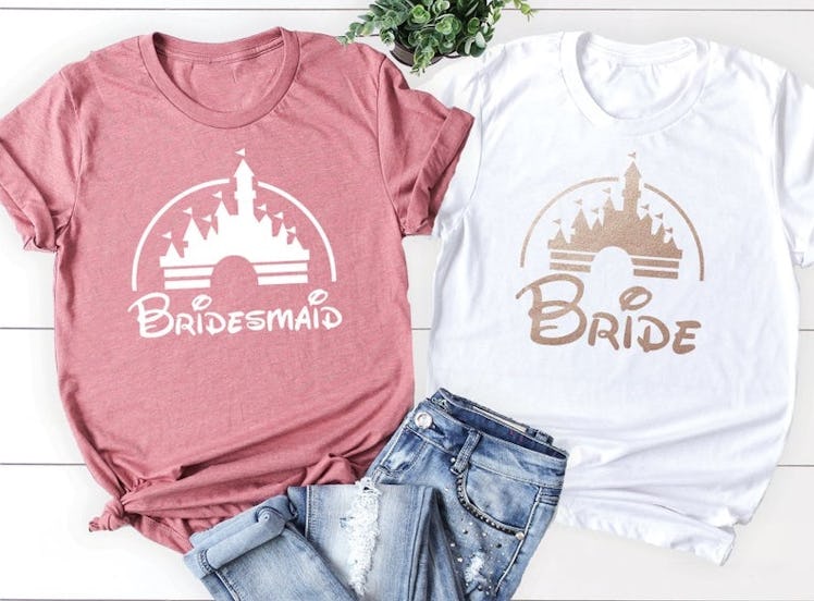 Bride and bridesmaid shirts are a must for anyone wondering how to plan a bachelorette at Disney. 