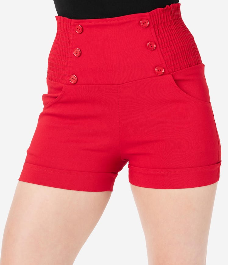 Retro Style Red High Waist Stretch Sailor Shorts