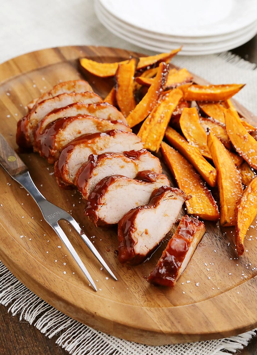 sheet pan recipes with pork, BBQ Pork Tenderloin with Sweet Potato Fries 