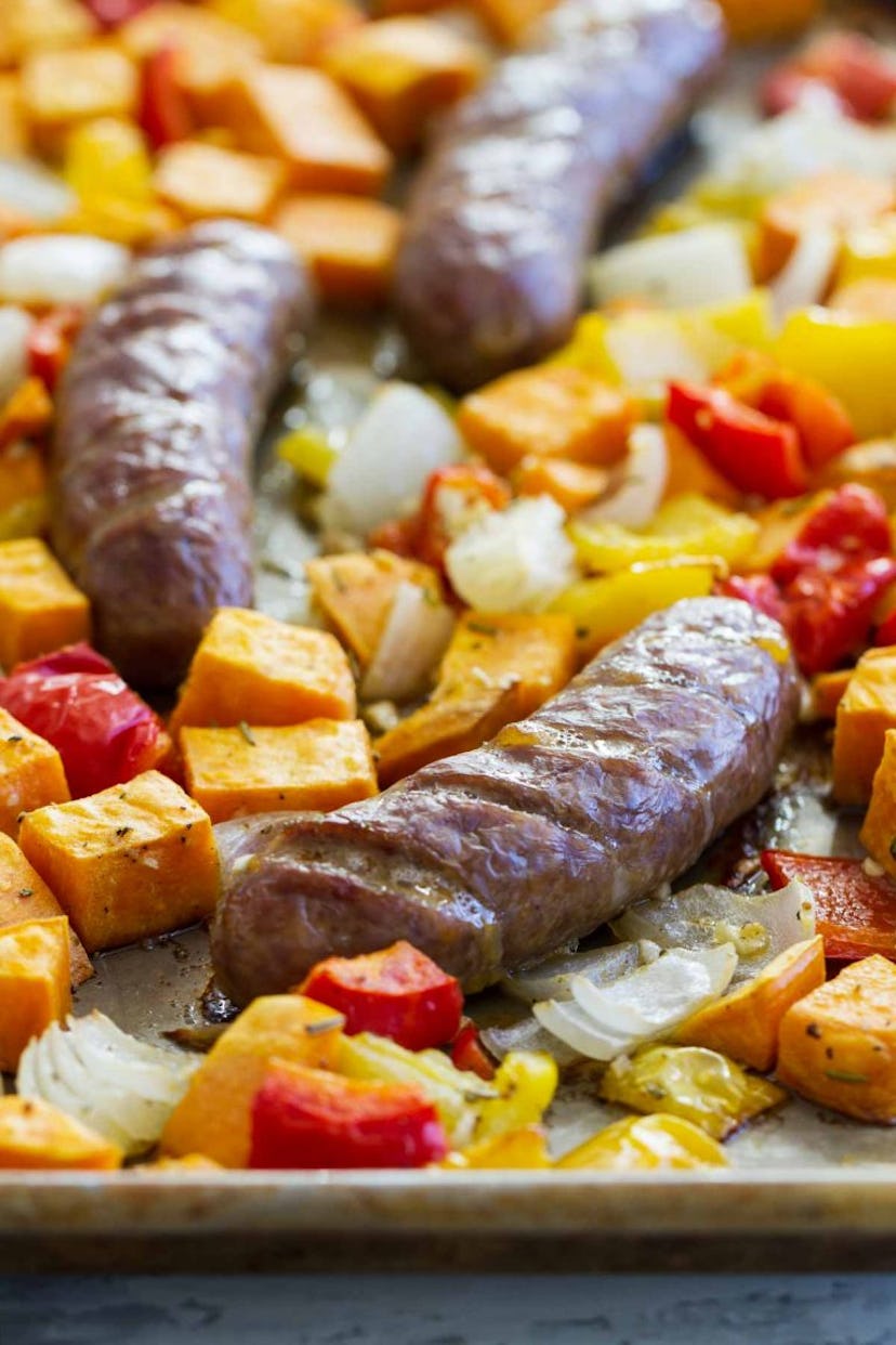 sheet pan recipes with pork,  Sweet Pan Sausage And Peppers With Sweet Potatoes 