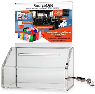 SourceOne Donation Box with Lock – 5-Inch Wide Acrylic Storage Container – Clear Sign Holder