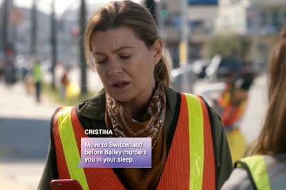 Ellen Pompeo as Meredith Grey reads a text from Sandra Oh's Cristina Yang in Grey's Anatomy