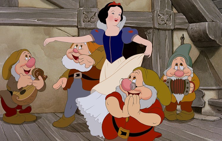 A scene from 'Snow White and the Seven Dwarfs' with Snow White and the seven Dwarfs dancing, which w...