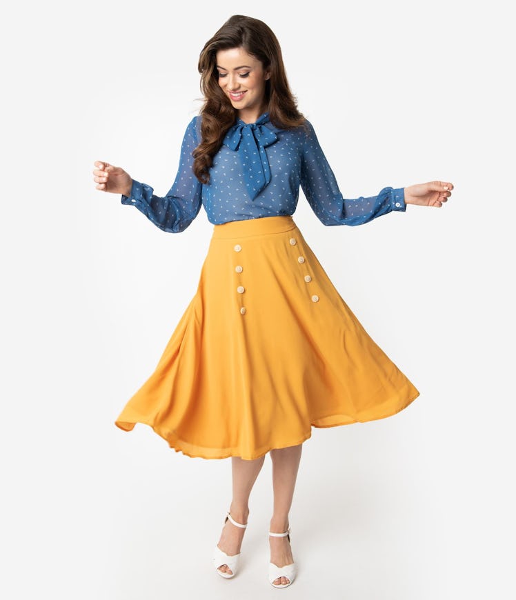 1950s Style Mustard Yellow Crepe Cute As A Button High Waist Swing Skirt