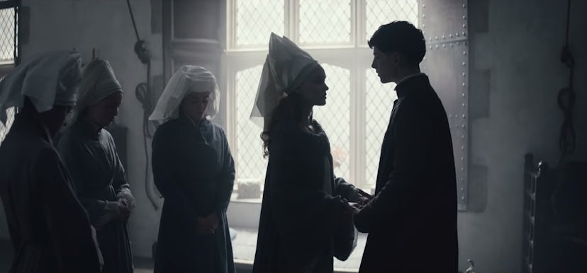 Lily-Rose Depp as Catherine and Timothee Chalamet as Henry V in The King