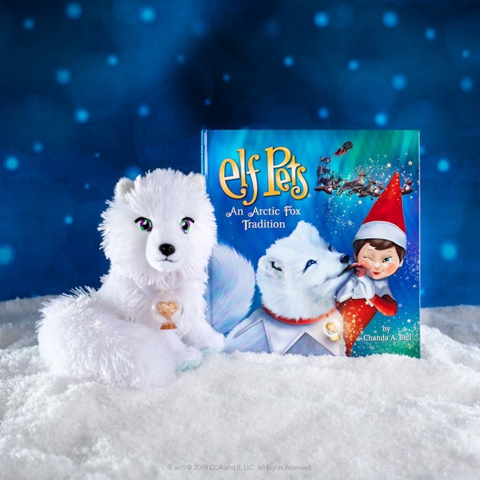 lifestyle shot of Elf Pets: An Arctic Fox Tradition book and arctic fox plus in fake snow 