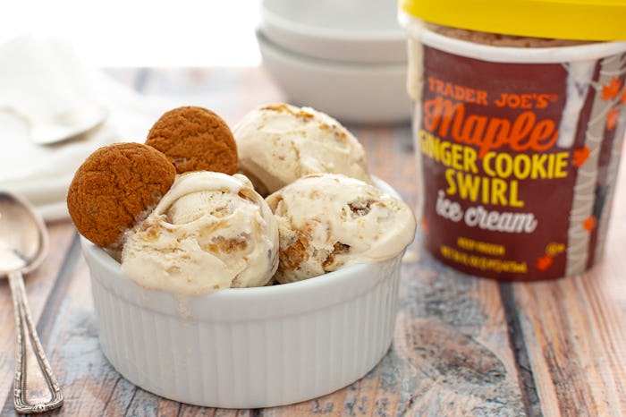 A bowl of Trader Joe's Maple Ginger Cookie Swirl ice cream