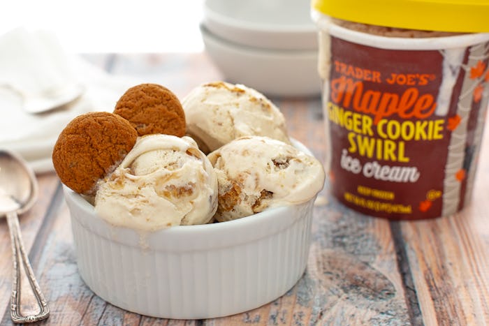 A bowl of Trader Joe's Maple Ginger Cookie Swirl ice cream