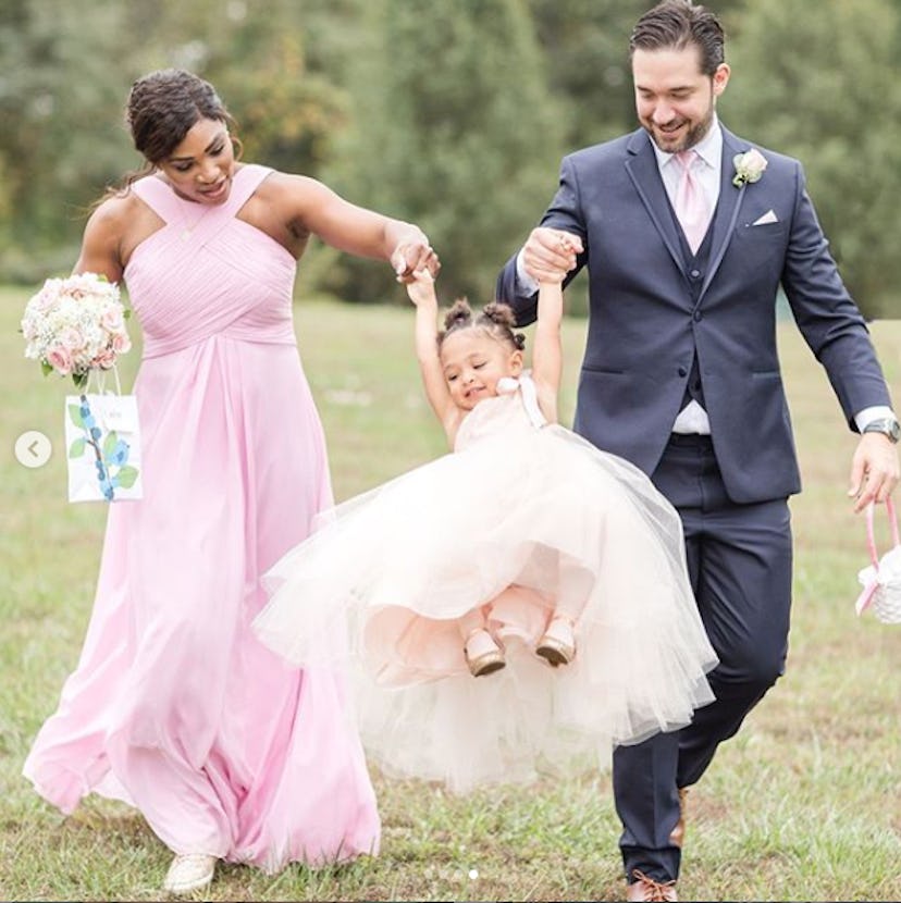 Serena Williams at a friend's wedding with daughter Olympia and husband Alexis Ohanian