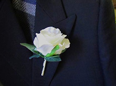 White Silk Rose Boutonniere with Cream Ribbon