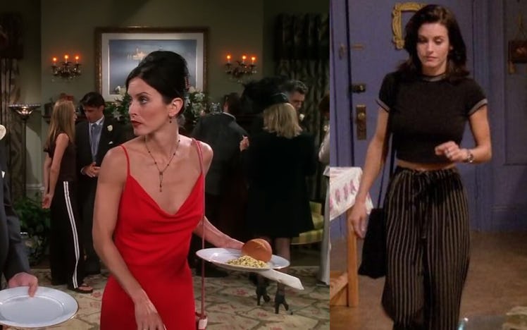 Monica Geller's flowy pants and a red bridesmaid dress are both a great Friends costumes for Hallowe...