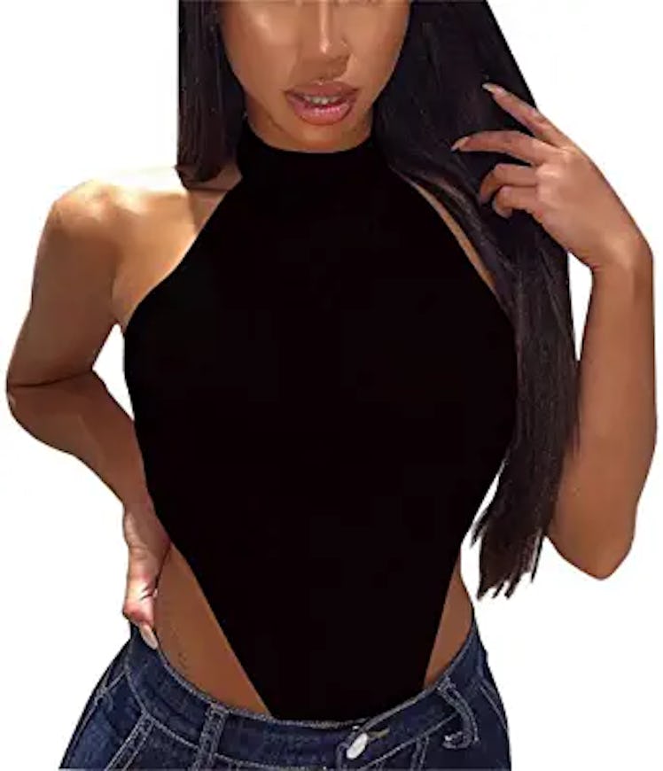 Women's Sleeveless Mock Neck Bodysuit High Cut Bodycon Bodysuit Leotard