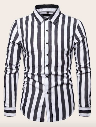 Guys Black & White Vertical-Striped Shirt