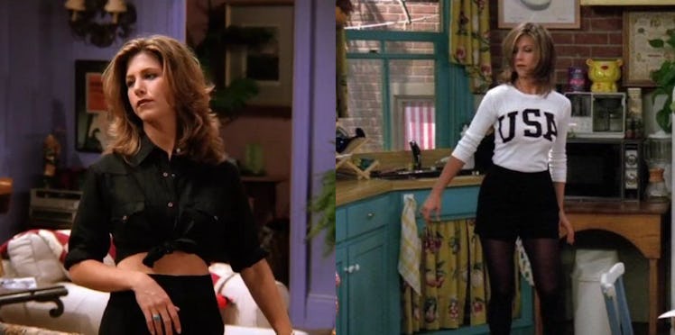 Rachel Green's signature white tee and black skirts make for a great Friends costume for Halloween