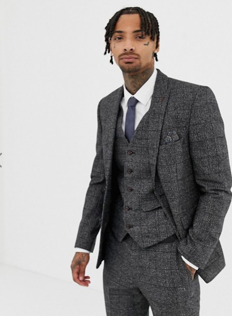 Harry Brown Textured Slim Fit Gray Check Suit Jacket