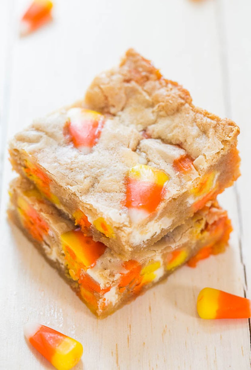 Candy corn Halloween blondies combine two favorite holiday flavors. 