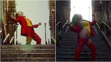 Joaquin Phoenix dances down a staircase in the movie 'JOKER.' A female cosplayer in Joker makeup rec...
