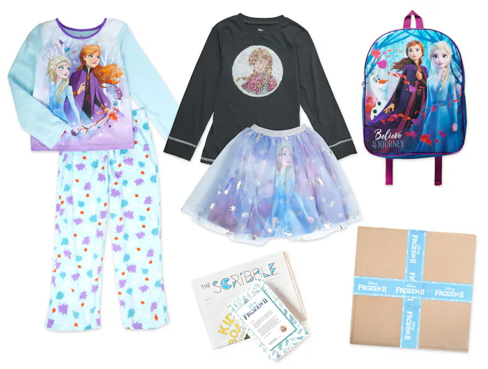an assortment of Frozen 2 clothing and accessories from KIDBOX limited-edition Disney release.