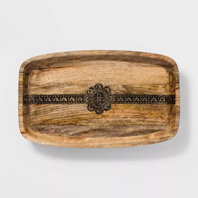 Mango Wood Rectangular Tray with Metal Inlay