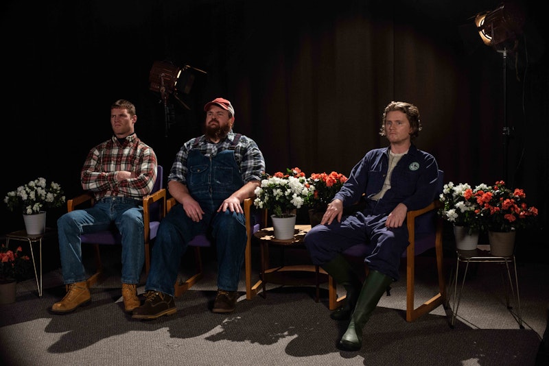 Wayne (Jared Kesso), Dan (K. Trevor Wilson), and Daryl (Nathan Dales) start an agricultural call-in ...