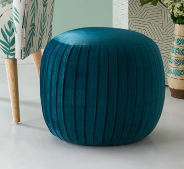 Velvet Pleated Round Pouf Ottoman In Peacock Blue by Drew Barrymore Flower Home