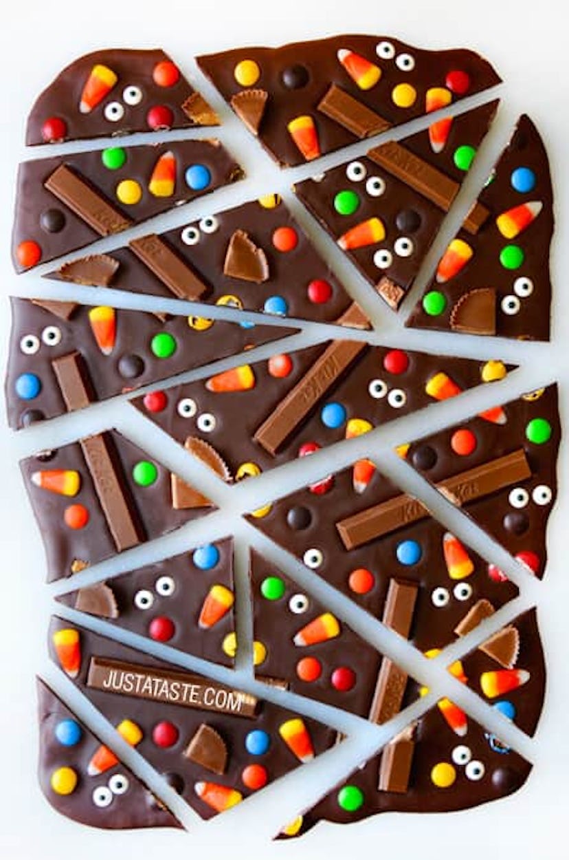 This Halloween chocolate candy bark can be made with the holiday candy of your choice.