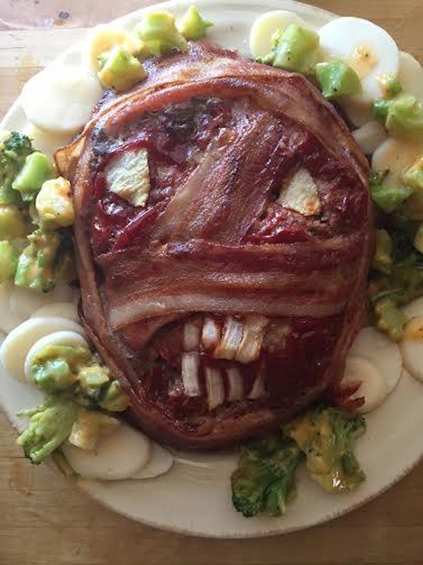 A few simple additions to a basic meatloaf recipe makes it look creepy enough for Halloween.