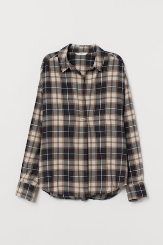 Wide-Cut Cotton Flannel Blouse
