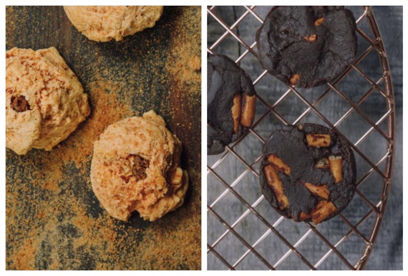 Three cinnamon cookies on left, and three chocolate cookies on right.