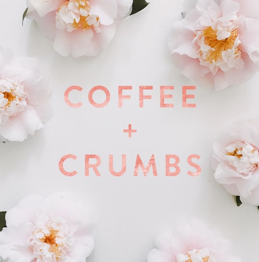 Pink flowers against a white background with the words Coffee + Crumbs