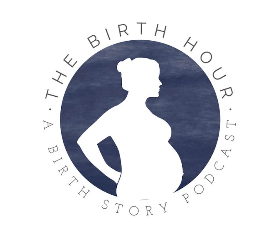 A graphic of pregnant person circled by the words "The Birth Hour: A Birth Story Podcast" 