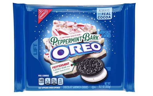 Peppermint Bark Oreos are back for the holidays.