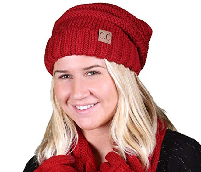 FunkyJunque Oversized Cable Knit Slouchy Beanie Red