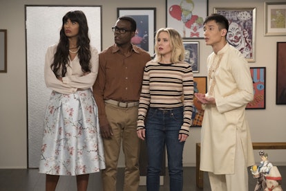 Tahani, Chidi, Eleanor, and Jason gasping because these The Good Place theories for final season are...