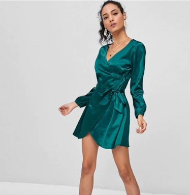 Long Sleeve Wrap Mini Satin Dress - Greenish Blue