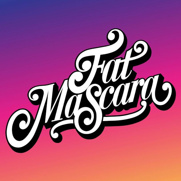 Fat Mascara written in script across a pink and purple background