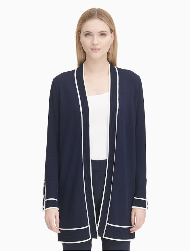 Piped Ribbed Cardigan Sweater